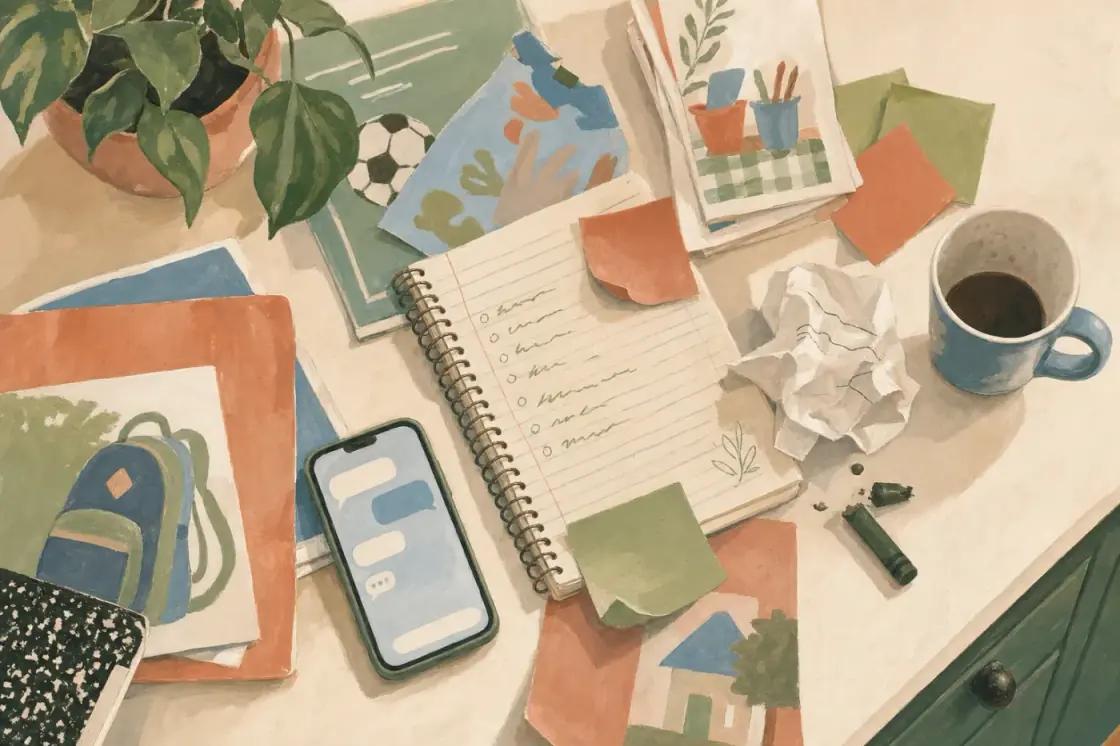 A painted overhead view of a kitchen counter covered in school flyers, sticky notes, a notebook list, and a phone full of messages